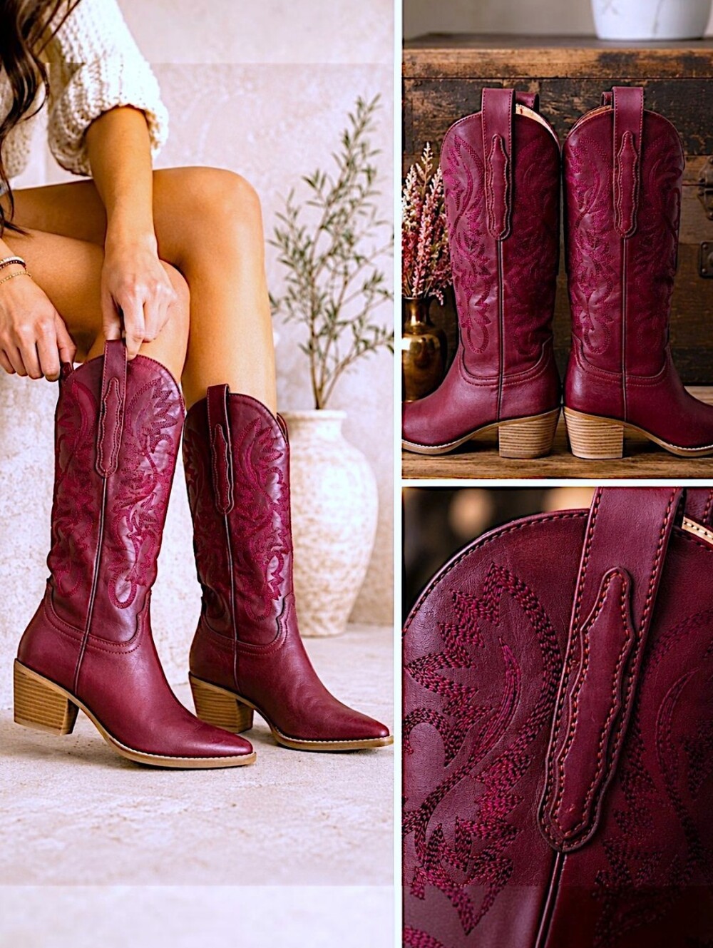 NWOT Wine Red Sz 6 Western Coastal Cowgirl Boots Embroidered Mid Calf Festival